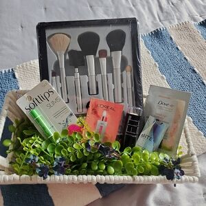 Makeup Brush Set with Assorted Beauty Products- Basket Not Included